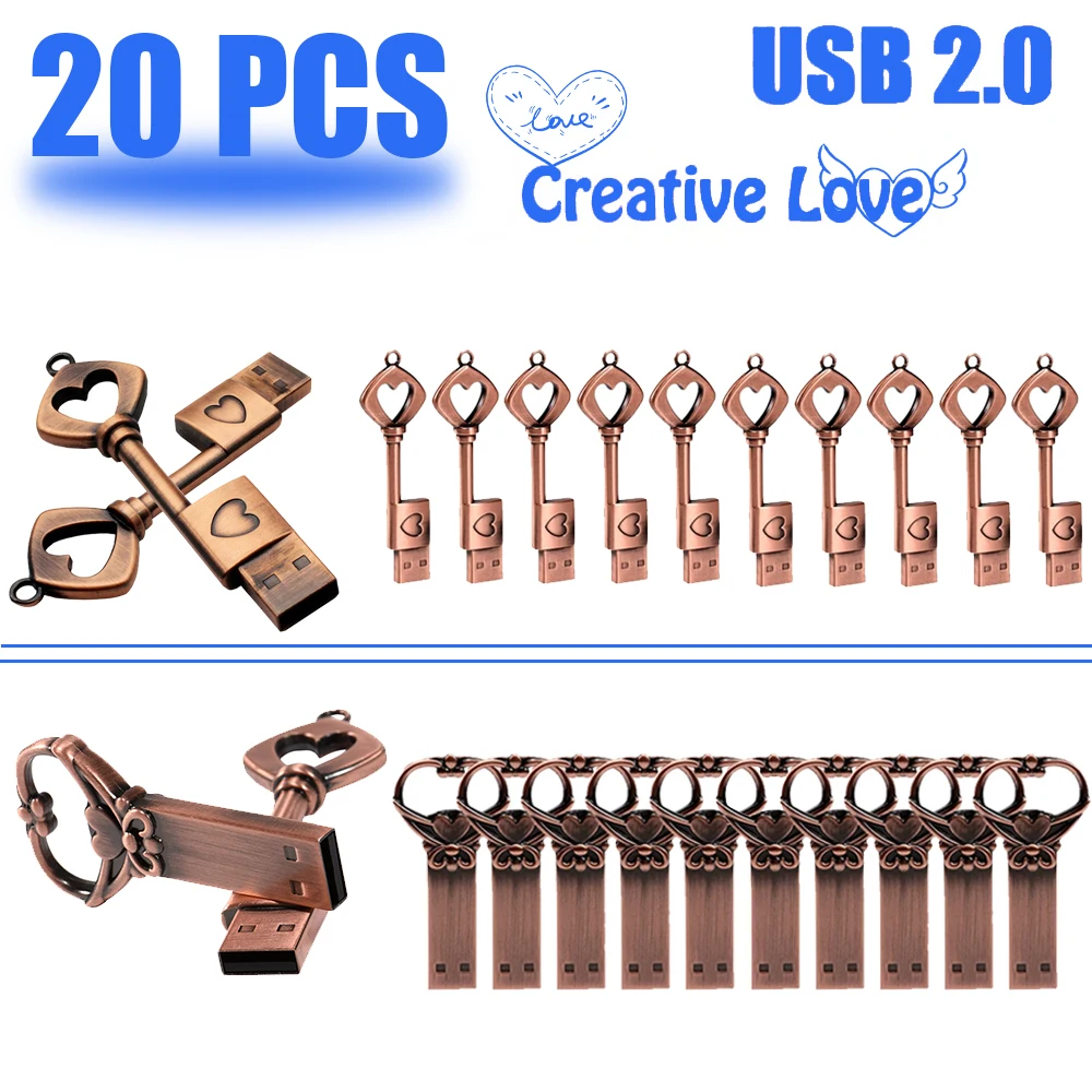 Unidad flash USB 2,0 con llave de Metal creativa Retro, unidad de bolígrafo con forma de corazón, 20 unidades por lote, regalo de negocios a la moda, disco U de 64GB, 32GB y 16GB