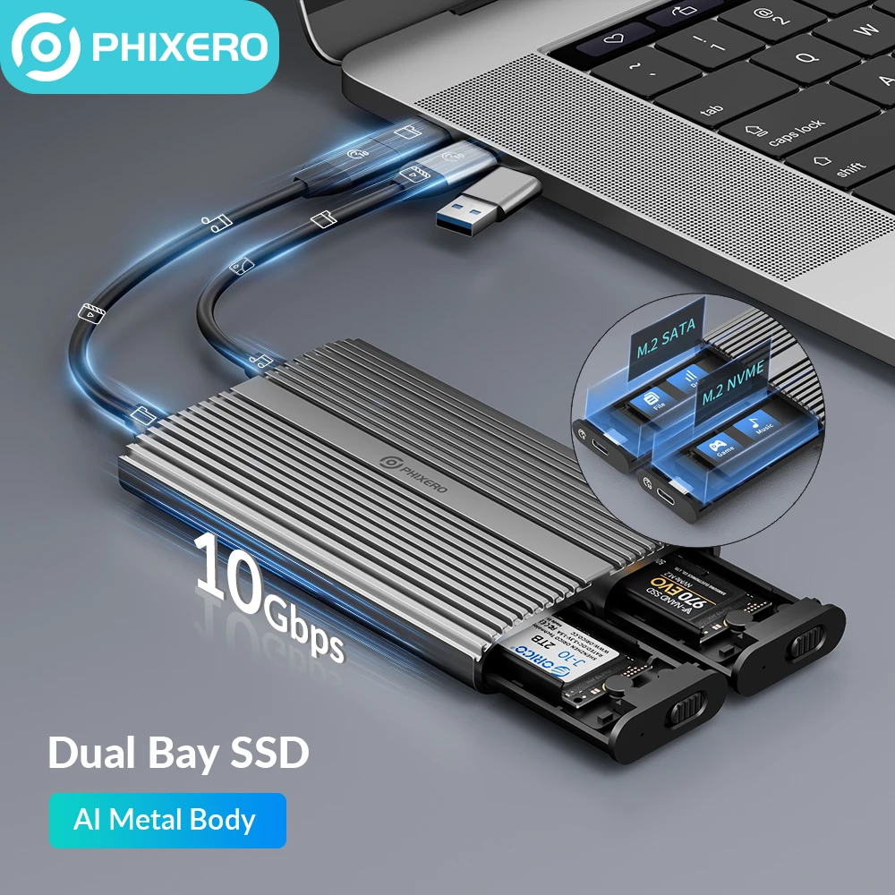 PHIXERO-carcasa de disco duro externo HD, caja de almacenamiento M.2, doble protocolo, M2, SATA, NVMe, SSD, USB A 3,0, tipo C - imagen 2