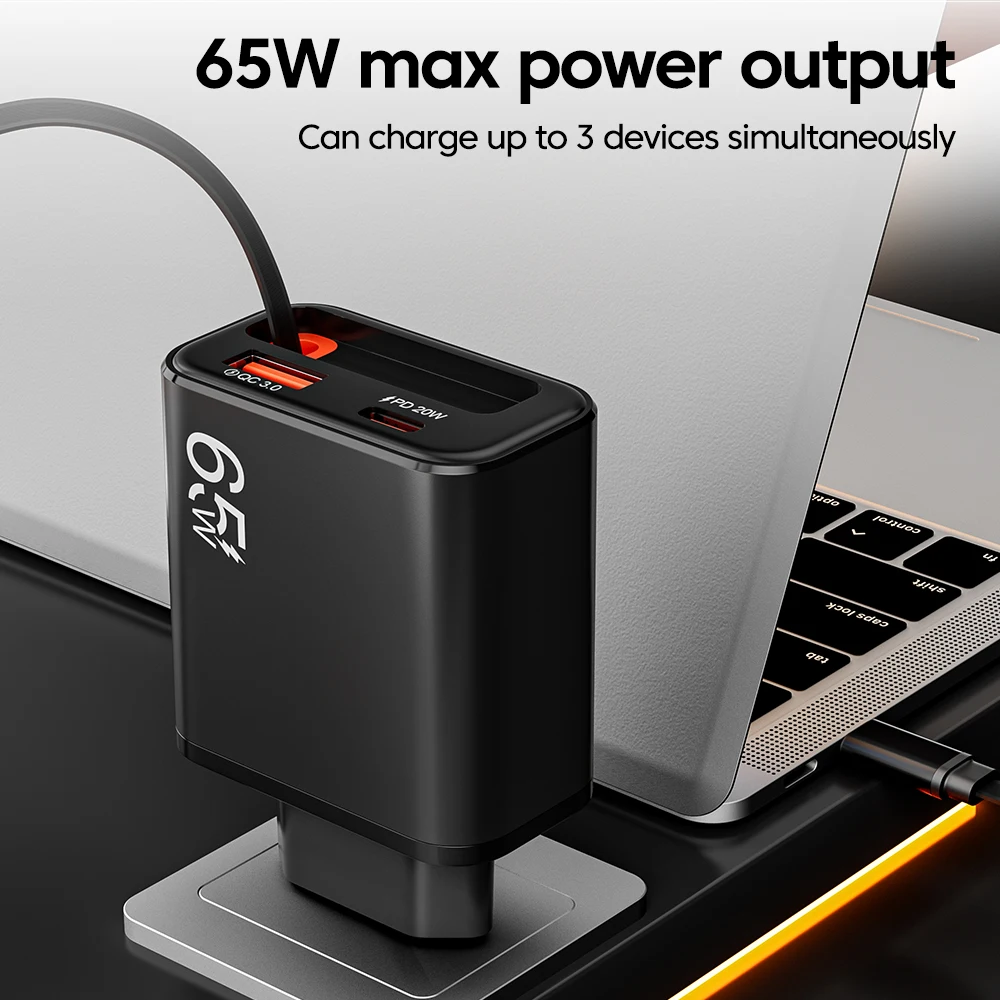 Cargador súper rápido USB C de 65W con Cable retráctil tipo C para iPhone 17 16 15 Samsung Xiaomi QC3.0 PD adaptador de cargador rápido - imagen 5