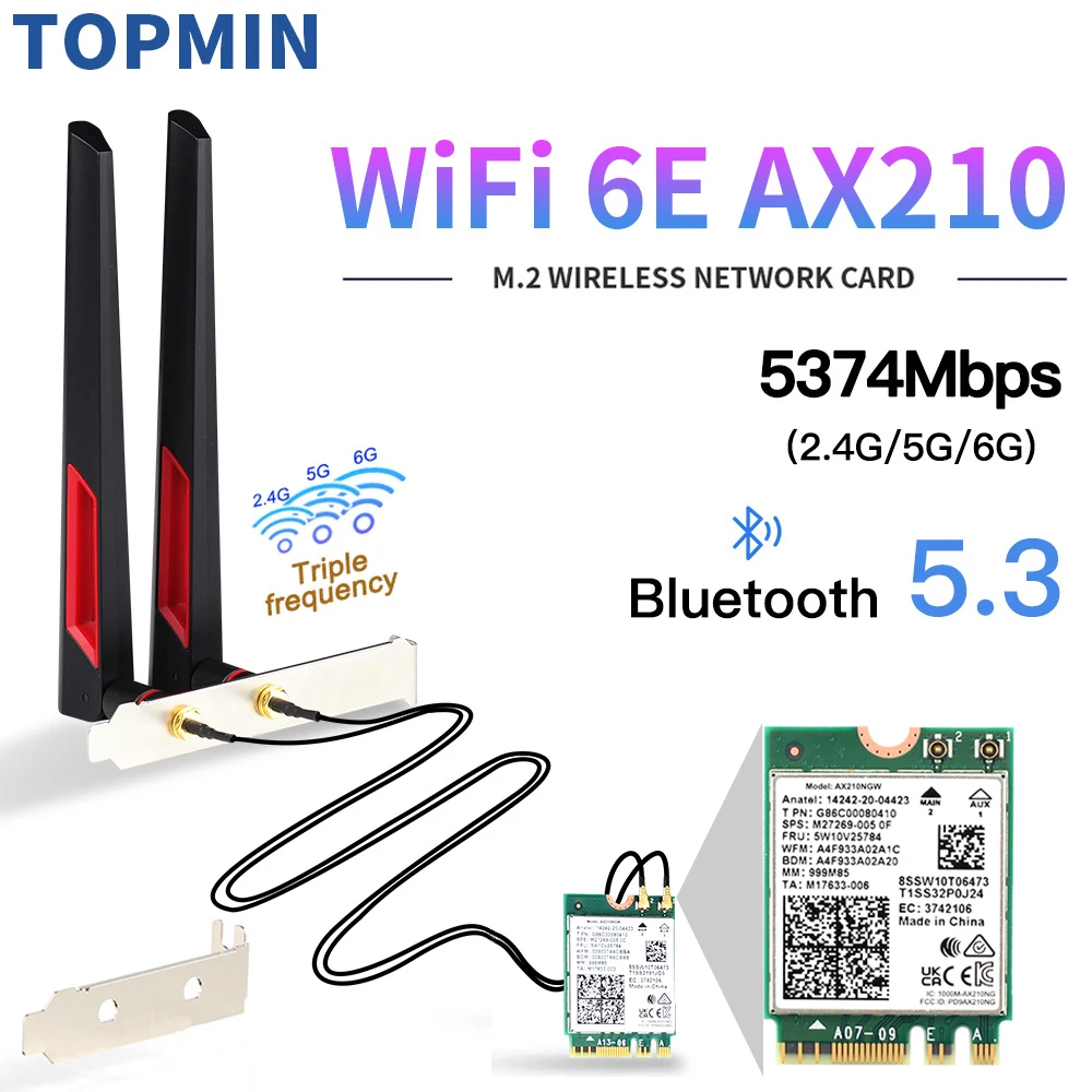 Wifi 6E M.2 AX210 5374Mbps Wifi tarjeta inalámbrica Bluetooth 5,3 802.11ac/ax Tri Band AX210NGW con antenas 10dbi para Win 10/11 - imagen 2