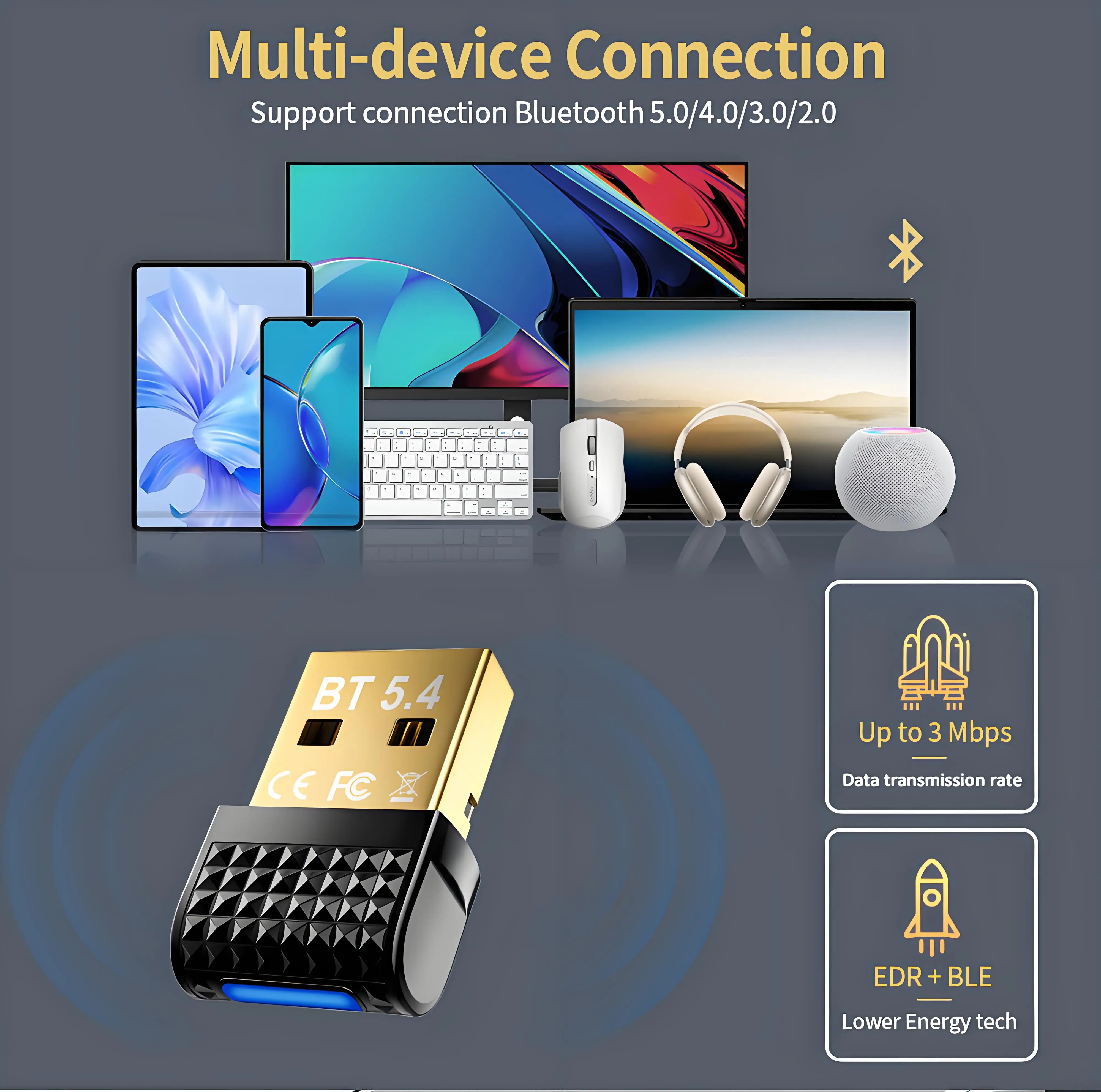Adaptador USB Bluetooth 5,4 transmisor de Audio inalámbrico receptor Dongle Adaptador para PC ratón inalámbrico Keyborad música para Win10/11 - imagen 2
