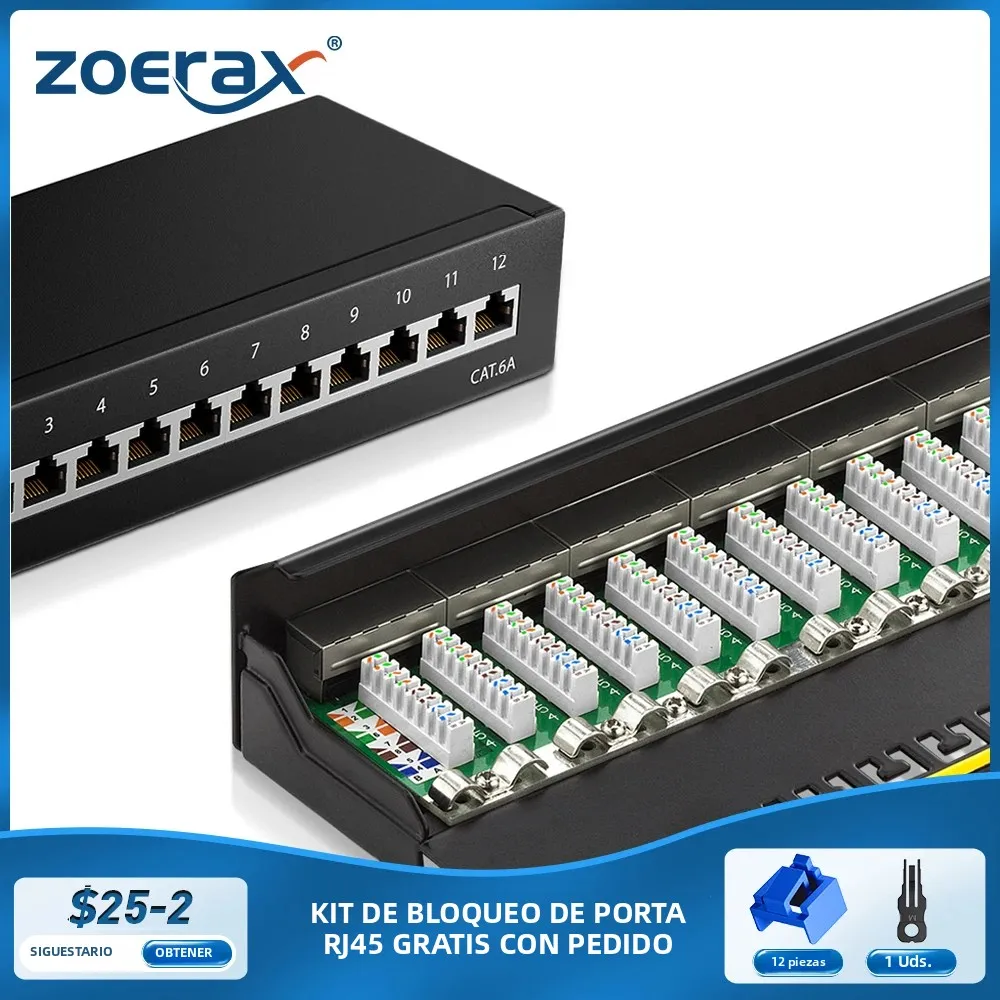 ZoeRax Panel de conexión CAT6a de 10Gbps, 8/12 puertos, 1U, montaje en pared y de escritorio blindado para Cable de instalación de red LAN con enchufe RJ45