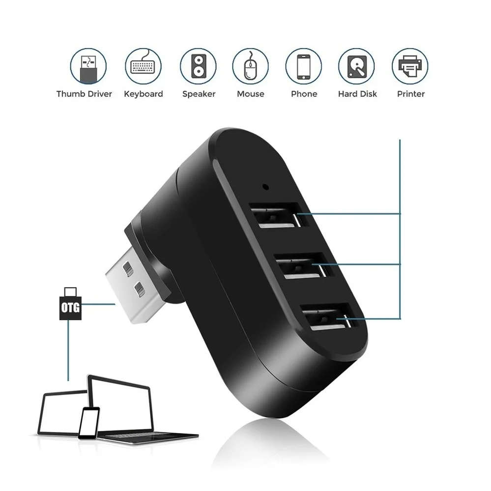 PzzPss Mini HUB USB 2.0 3 Puertos Adaptador Divisor Giratorio Alta Velocidad Portátil Notebook PC Accesorios Ordenador - imagen 3