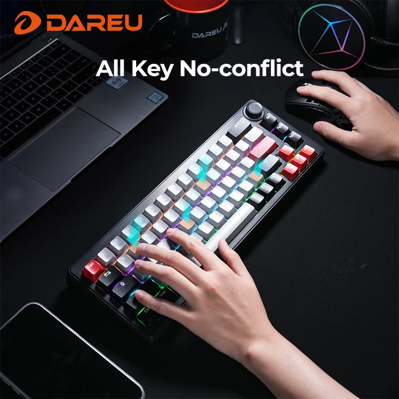 DAREU-teclado mecánico inalámbrico para jugar, 2,4G, 4000mAh, interruptor rojo, todas las teclas, iluminación arcoíris sin conflictos con perilla multifunción - imagen 5