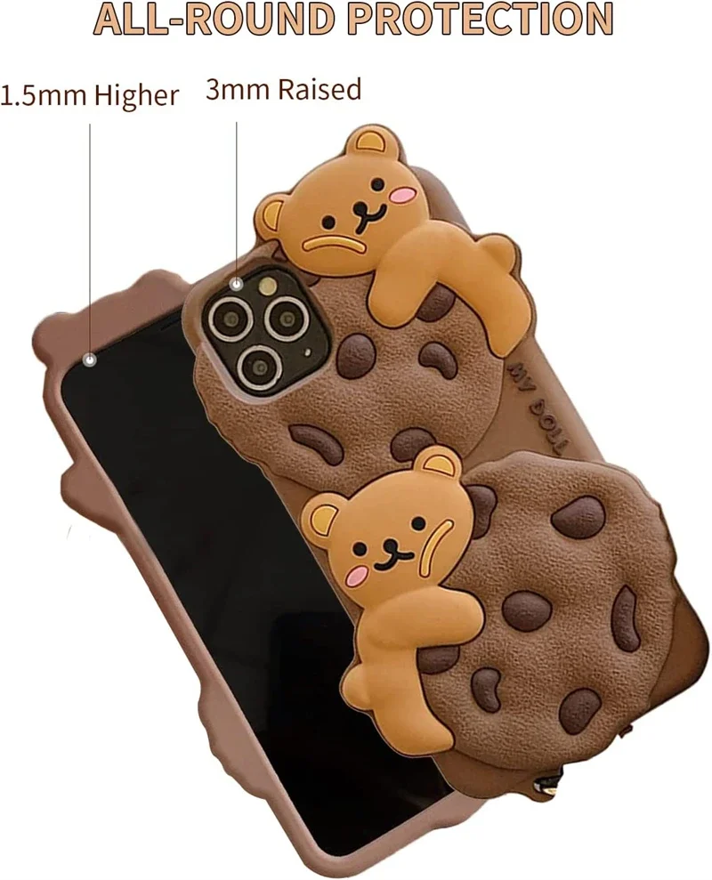 Funda de silicona con dibujo de oso galleta Kawaii para IPhone 14, 13, 11, 12, 15 Pro Max Plus XS XR X 15Pro con funda para llavero con cordón - imagen 3