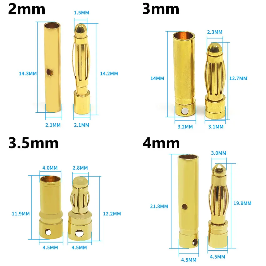 Conector tipo bala de Motor sin escobillas de cobre chapado en oro, conector tipo bala para batería ESC, 2mm, 3mm, 3,5mm, 4mm, 5mm, 5,5mm, 6mm y 8mm - imagen 4
