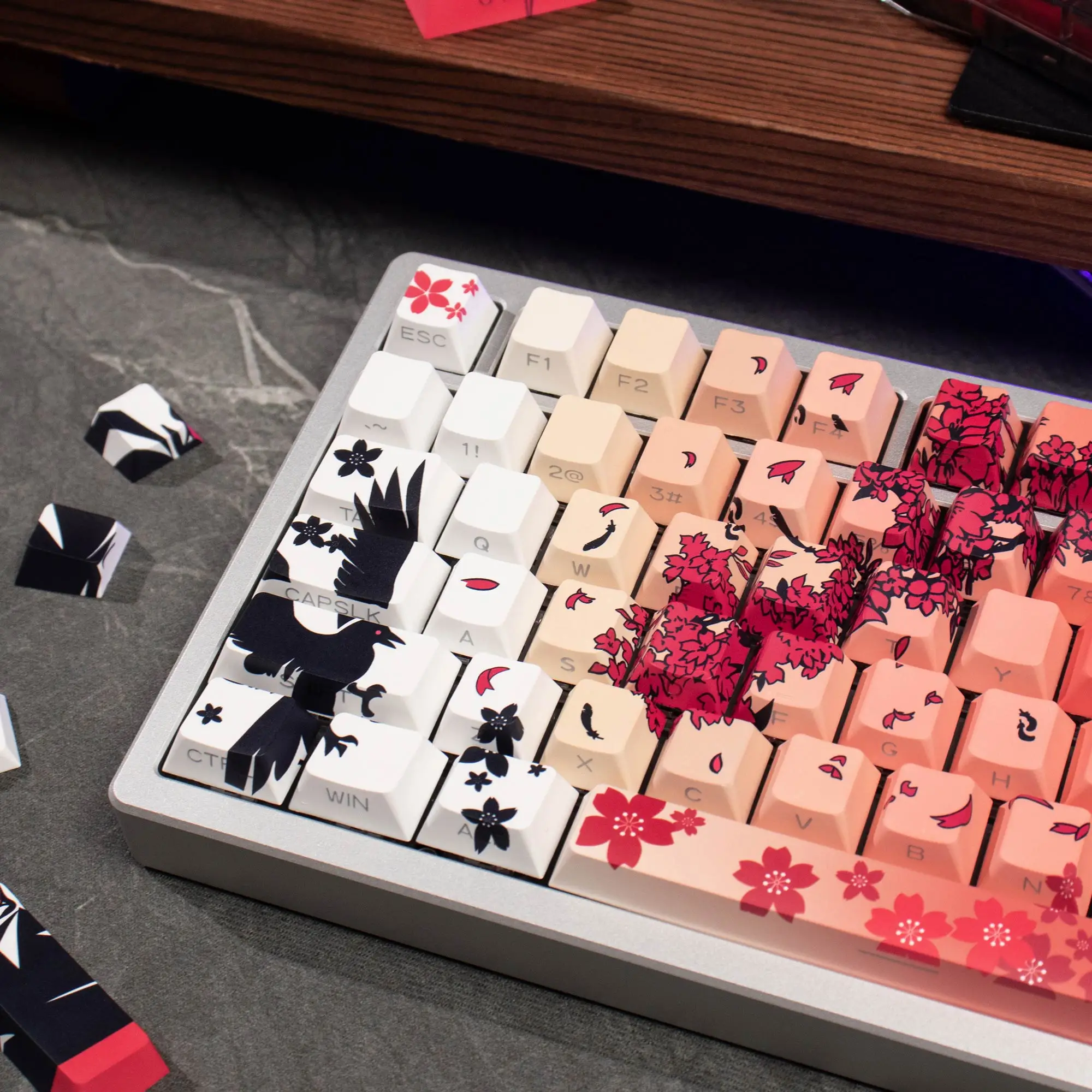 131 teclas Raven Sakura Keycaps Dye Sub Cherry perfil PBT Keycaps impresión lateral brillo retroiluminado para teclado mecánico Mx 108 96 87 - imagen 4