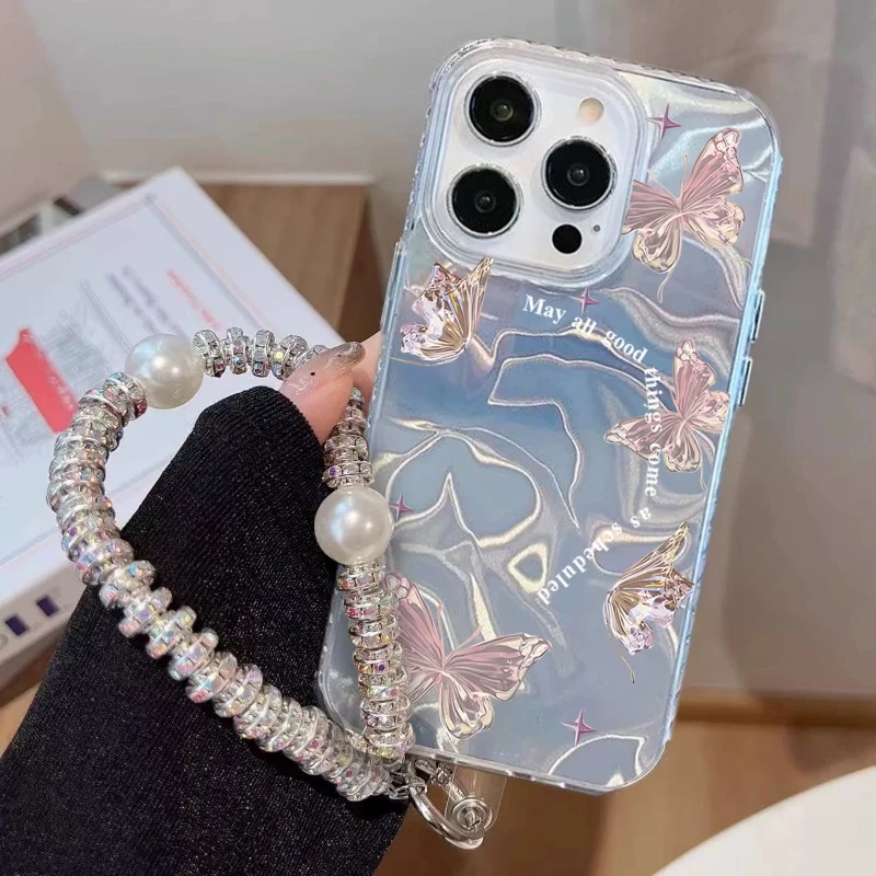 Funda con cadena enjoyada de mariposa colorida a la moda para iPhone 17 Pro Max 17 Pro Air 16E Girl, funda para teléfono con ondas de agua láser