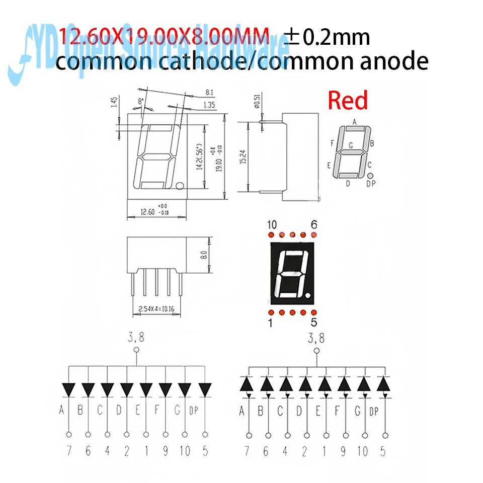 10-100 Uds 0,56 pulgadas 7 segmentos 1 pantalla LED Digital súper rojo cátodo común ANODO DIP10 - imagen 3