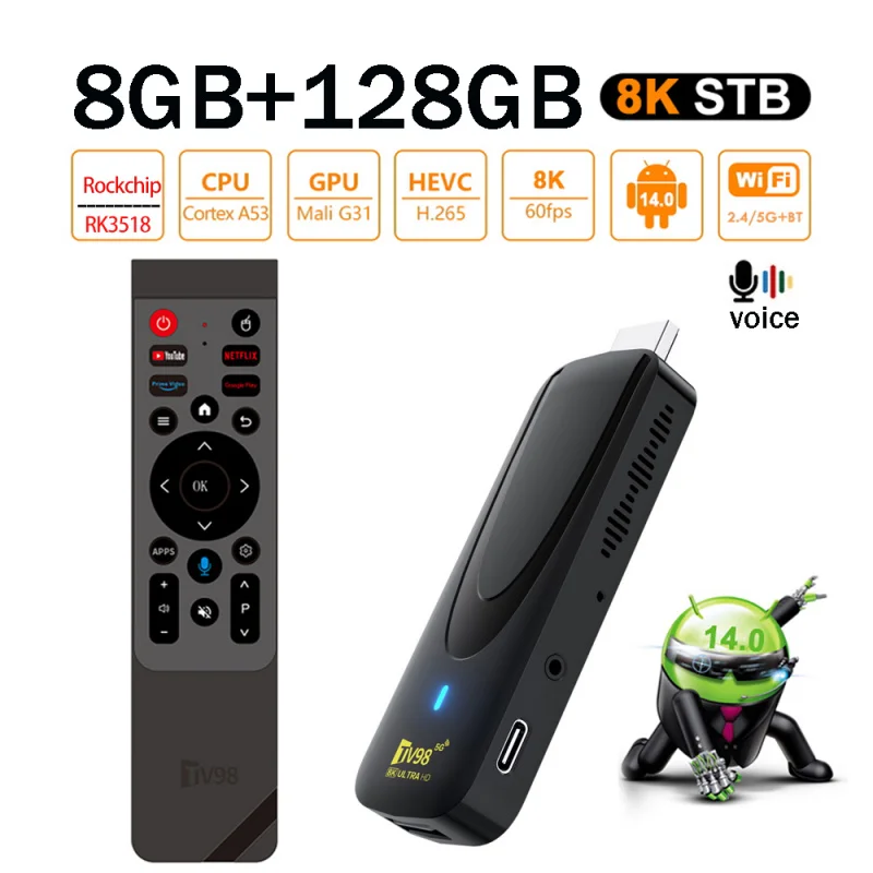 TV98 ATV X7 TV Stick Android 14.0 HD 4K 8K Rockchip RK3518 Quad Core 8GB 128GB WiFi Dual 4G 5G BT5.0 Control de Voz Inteligente iptv