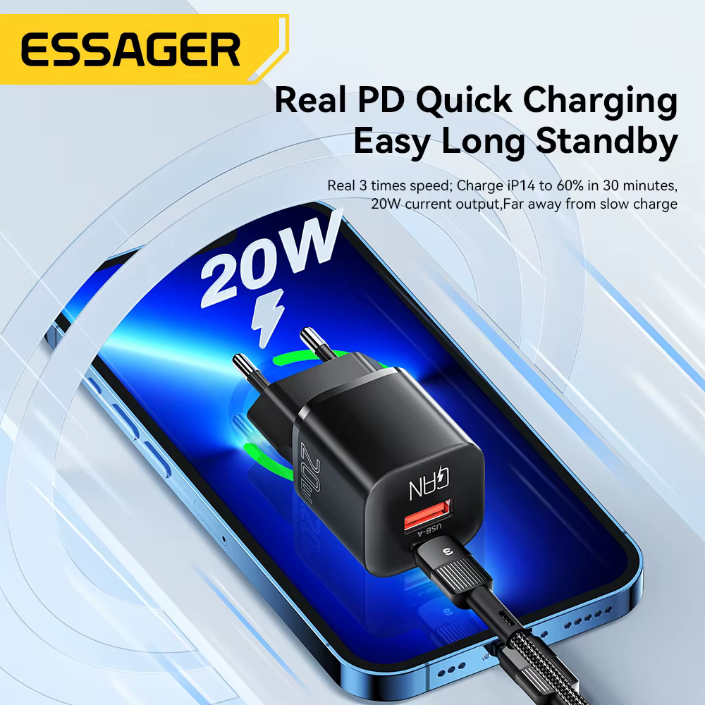Essager Cargador GaN 20W USB-C PD QC3.0 - Carga rápida iPhone