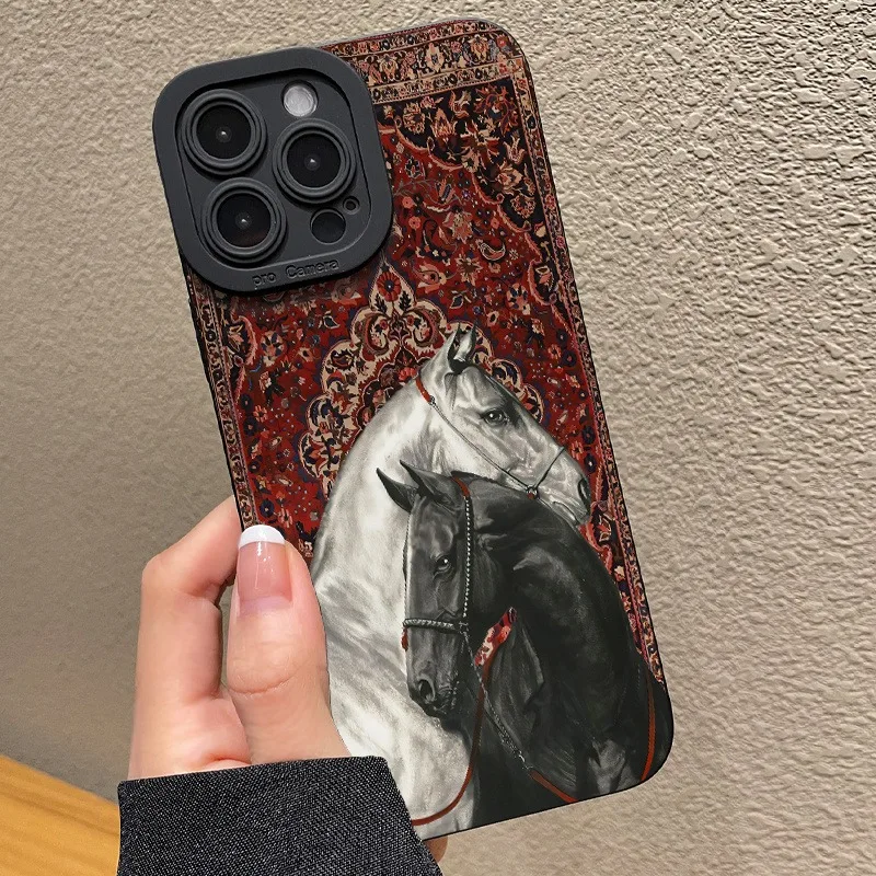 Funda de teléfono de silicona con diseño de caballo blanco y negro Vintage para iPhone 11 12 13 14 15 16 17 Pro Max XS XR X 7 8 Plus 16E Air Cover