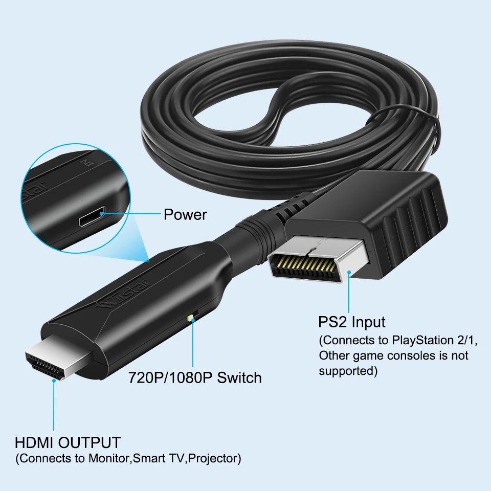 Adaptador Full HD de 1080P con Cable de alimentación de 5V CC para PS2 a HDMI, compatible con TV/Monitor/proyector/ordenador de PC, macho a macho - imagen 5