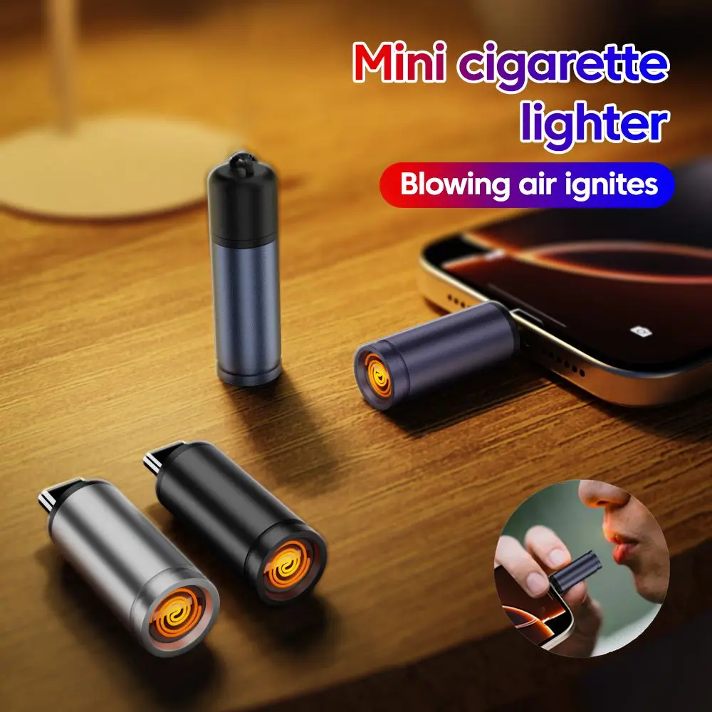 Mini encendedor de cigarrillos tipo C para teléfono móvil, encendedor de cigarrillos con soplado de aire, encendedor de seguridad portátil a prueba de viento para exteriores, USB C