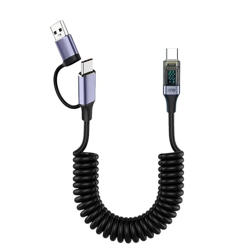 PD 100W resorte en espiral tipo C Cable de carga rápida 2 en 1 USB A/tipo-c a USB C Cable de datos pantalla Digital para iphone16 Huawei - imagen 4