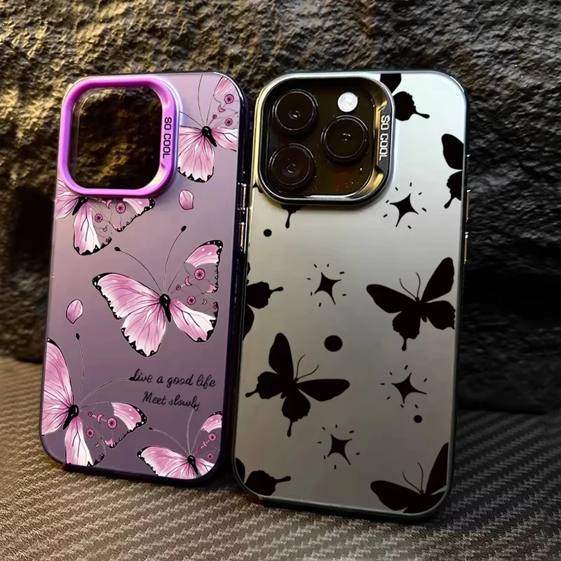 Funda de teléfono IMD de Color negro y morado con mariposa a la moda para iPhone 16 Pro Max 15 14 13 12 11 XS X XR 7 8 Plus SE 2020 cubierta chapada