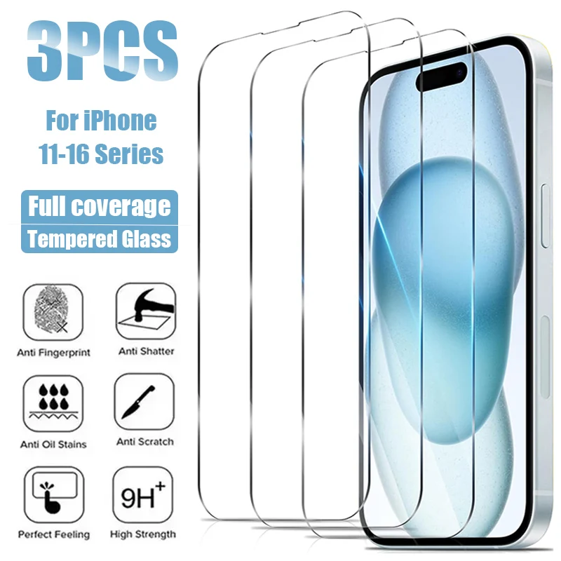 3 piezas de vidrio templado HD para iPhone 14 15 16 Pro Max Plus 16E Protector de pantalla para iPhone 13 12 11 Pro Max 12Mini vidrio protector