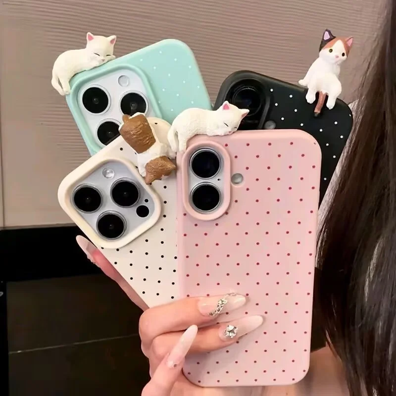 Funda de teléfono suave con diseño de lunares encantadores de Corea para iPhone 17 16 15 14 13 12 Pro Max Plus X funda a prueba de golpes con bonito gato de dibujos animados 3D - imagen 2