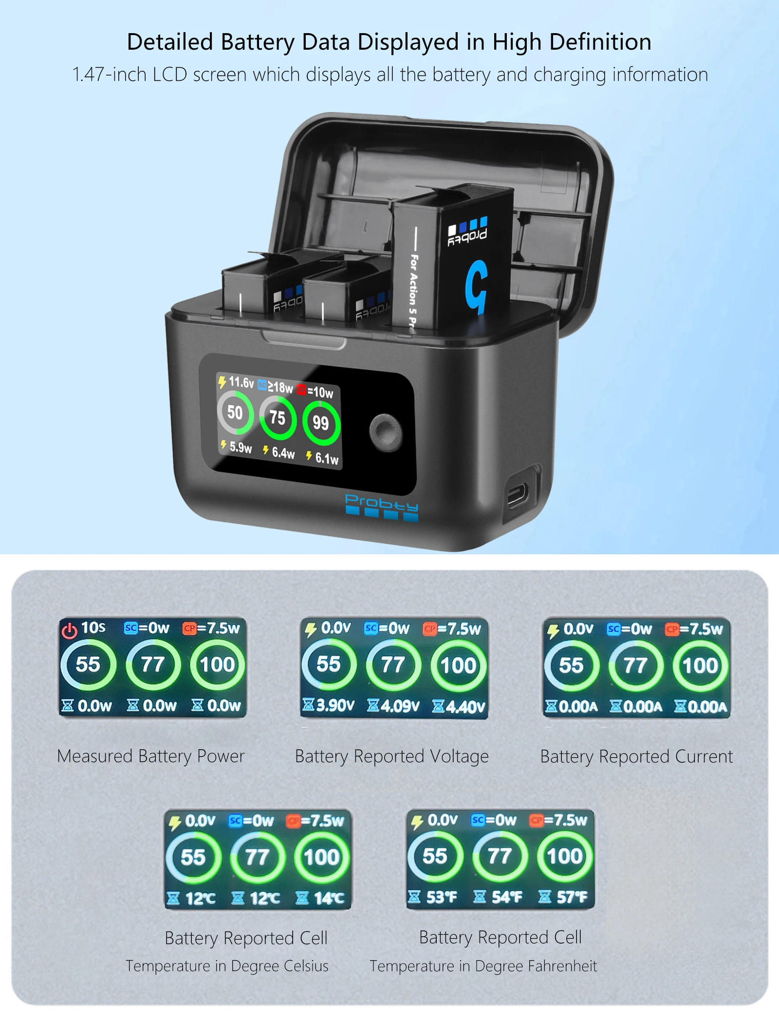 Cargador rápido PD de 24W para DJI OSMO 360 Action 6 3 ranuras caja de carga de bolsillo con pantalla LED para DJI OSMO Action 5 pro/4/3 - imagen 5