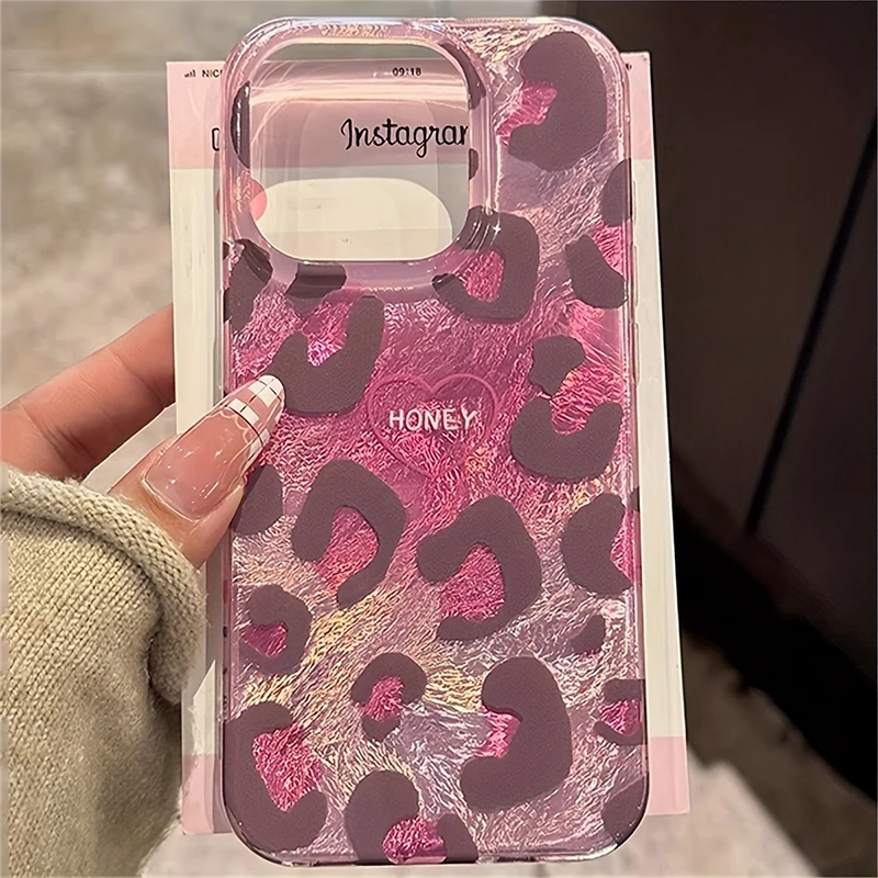 Bonita funda de teléfono con estampado de leopardo rosa láser para iPhone 15 16 14 13 12 11 Pro Max 7 8 Plus X XS XR elegante funda de silicona con forma de corazón de amor - imagen 2
