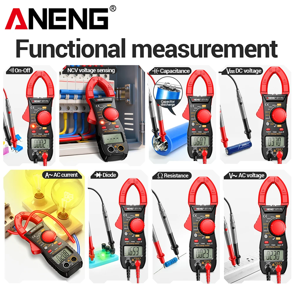 Pinza amperimétrica para reparación de automóviles, multímetro profesional ANENG ST170 de 1999 recuentos, probador de voltaje CA/CC, capacitancia NCV, herramientas para electricistas - imagen 5