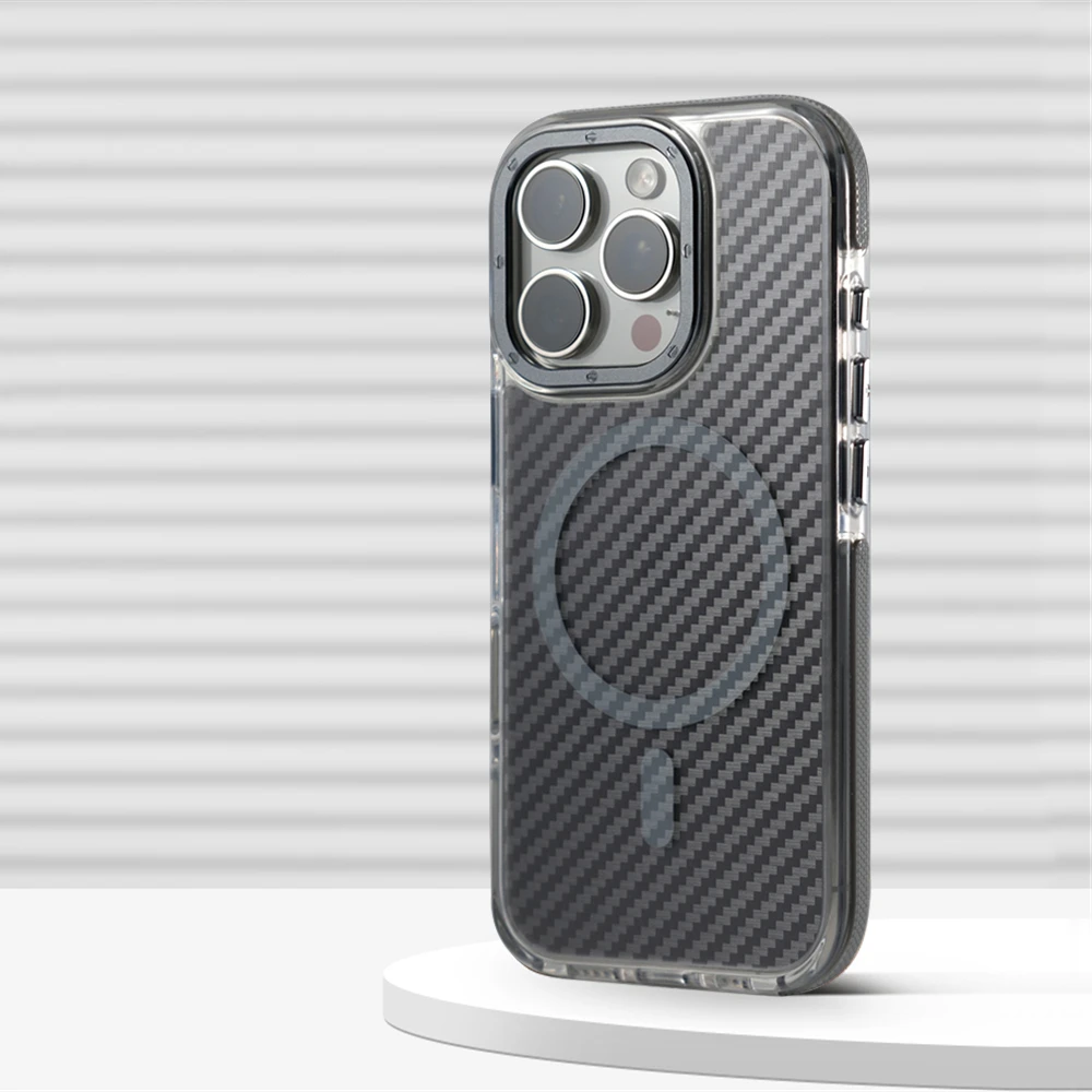 Textura de fibra de carbono de lujo para Magsafe, funda a prueba de golpes para iPhone 17 Pro Max 16 15 14 13 12, cubierta de armadura magnética con lente de aleación de aire