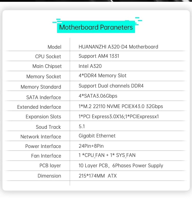 Placa base HUANZHI A320 AM4 compatible con AMD Socket AM4 Ryzen Series CPU M.2 NVMe DDR4 placa base para juegos de doble canal - imagen 2