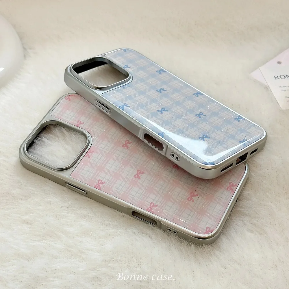 Dulce rosa azul Bowknot patrón de rejilla brillo gota pegamento borde plateado funda de teléfono para iPhone 17 16 15 14 13 12 Pro Max Plus - imagen 3