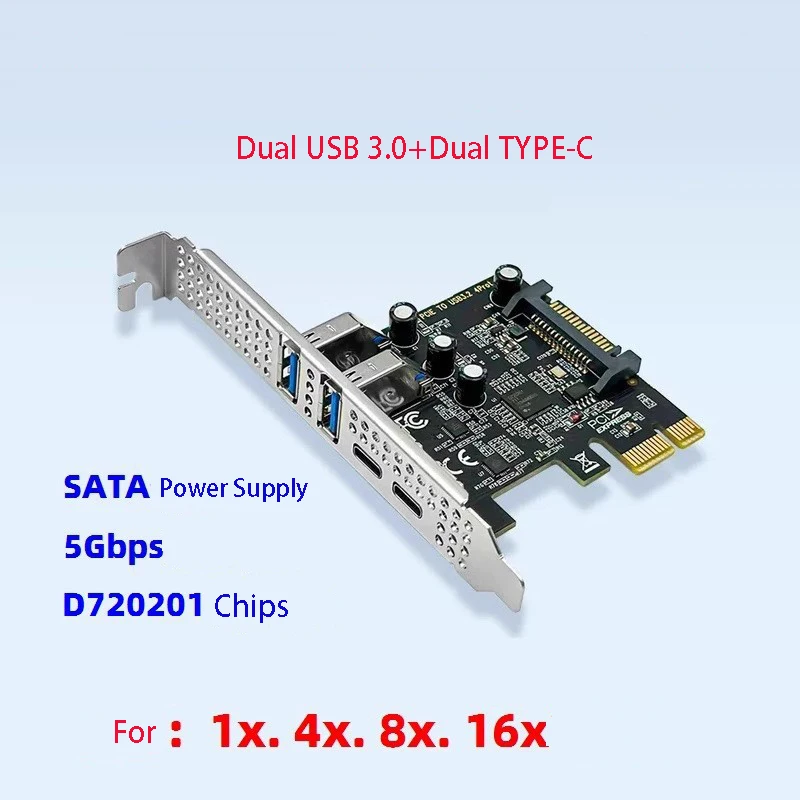Tarjeta de expansión PCIE a USB 3,2 Gen1 5Gbps PCI Express 1x 4X 8X 16X placa 2 USB 2 tipo C adaptador extensible convertidor USB de ordenador