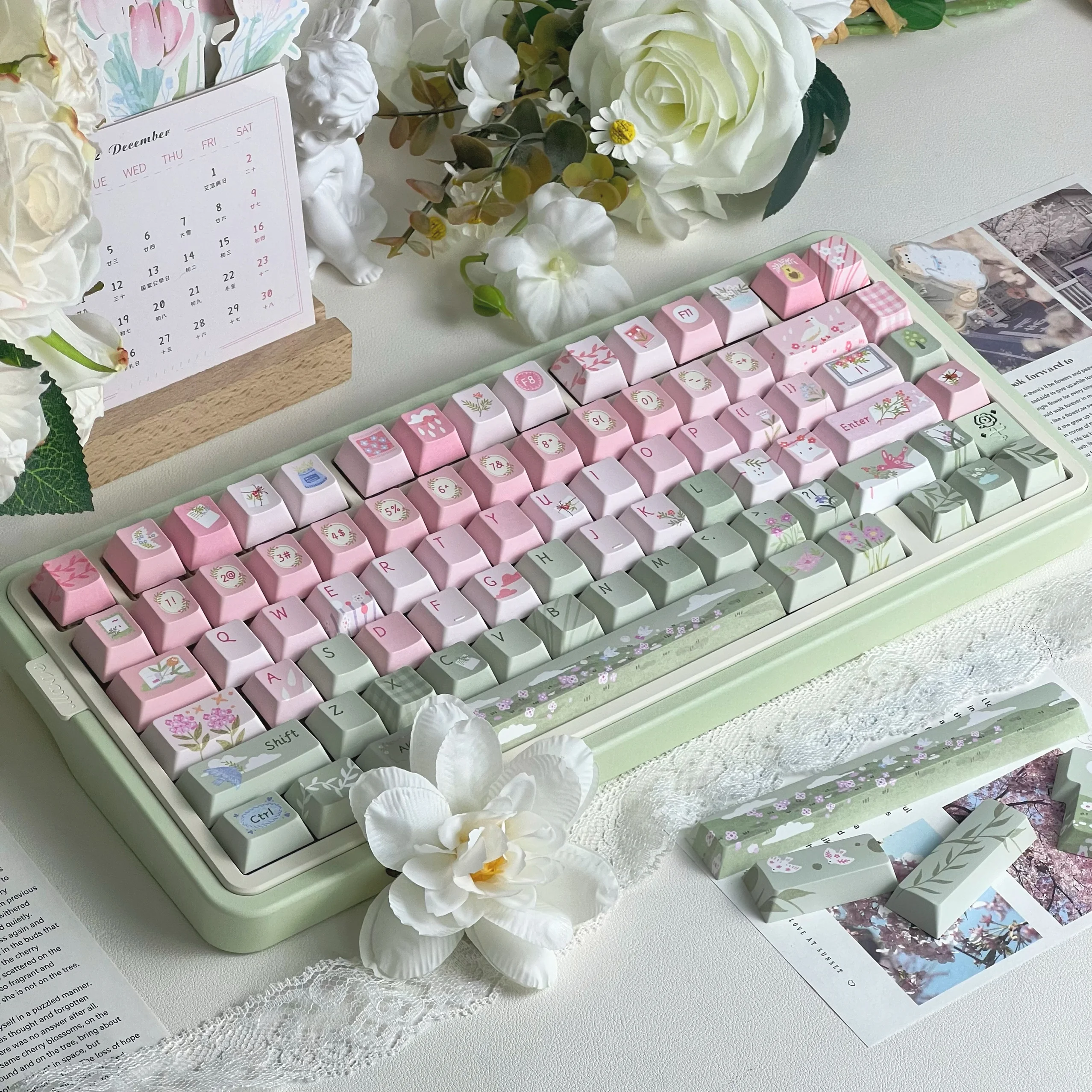 Kasuga Story Keycaps Original Rosa Verde Lindo Tema Cherry Soa Pbt Pink Green Gradient Keycaps - imagen 2