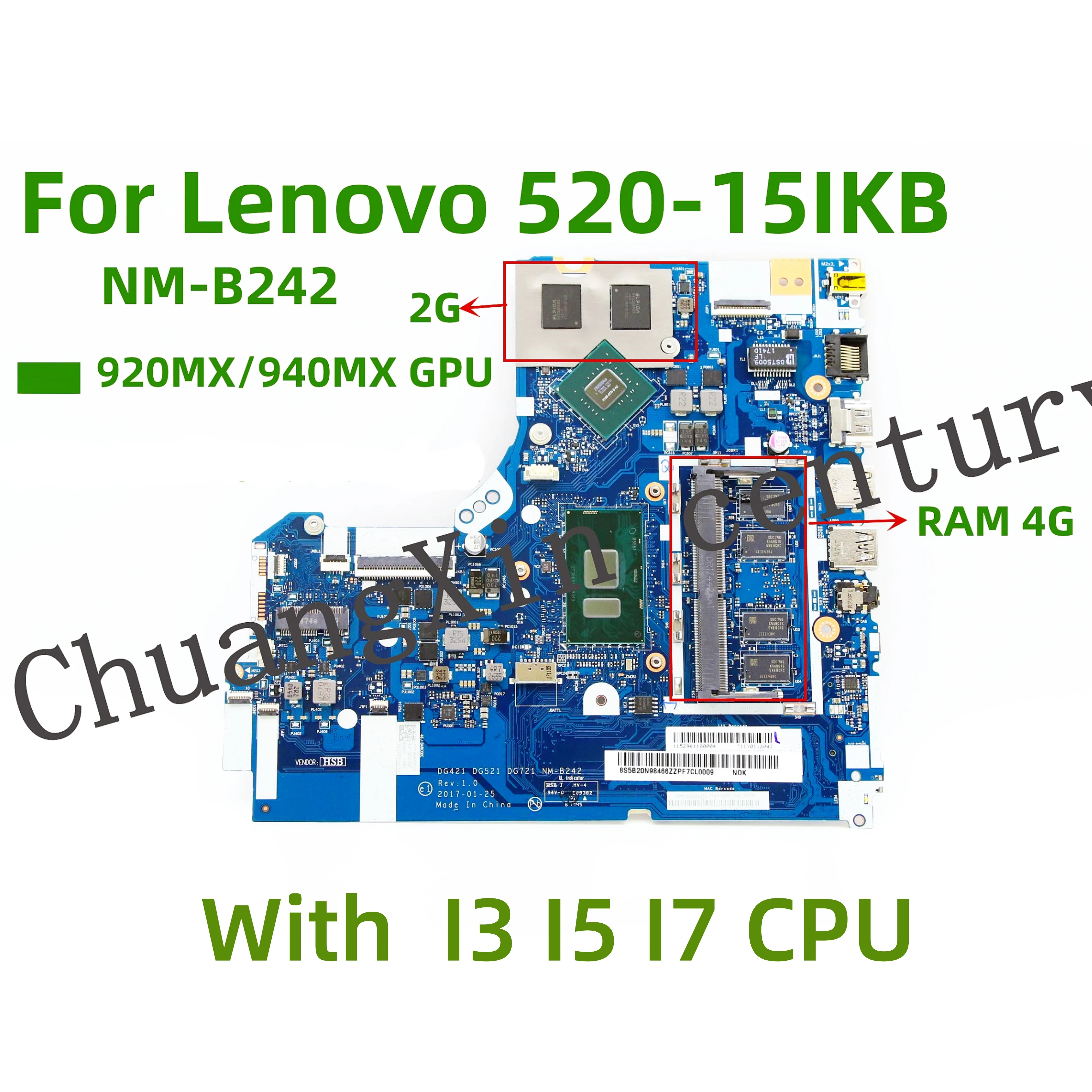 NM-B242 para Lenovo 320-15IKB 520-15IKB placa base con CPU I3 I5 I7-6TH/7TH Gen GPU 920MX/940MX 2G RAM 4GB 100% completamente probado