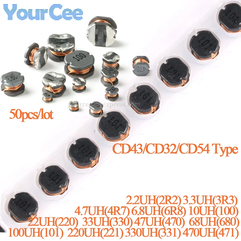 50 Uds CD43 CD32 CD54 SMD Cable bobinado Inductor de potencia Chip 2.2UH(2R2) 3.3UH(3R3) 4.7UH(4R7) 6.8UH(6R8) 10UH(100) Inductancia