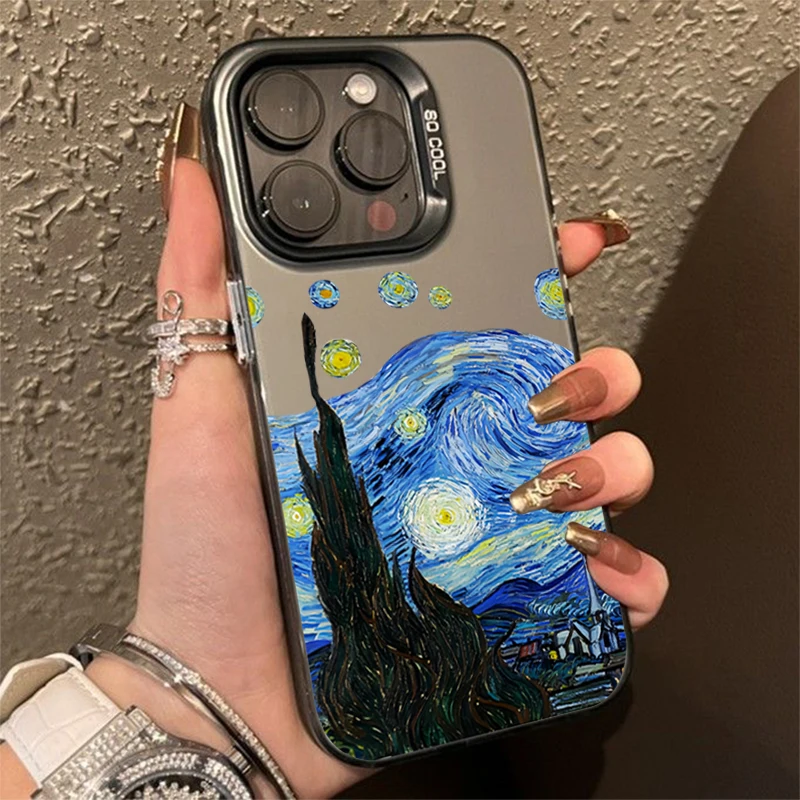 Van Gogh pintura al óleo galvanizada plata IMD funda de teléfono para iPhone 11 12 13 14 15 16 Pro Max 7 Plus X XR cubierta trasera a prueba de golpes
