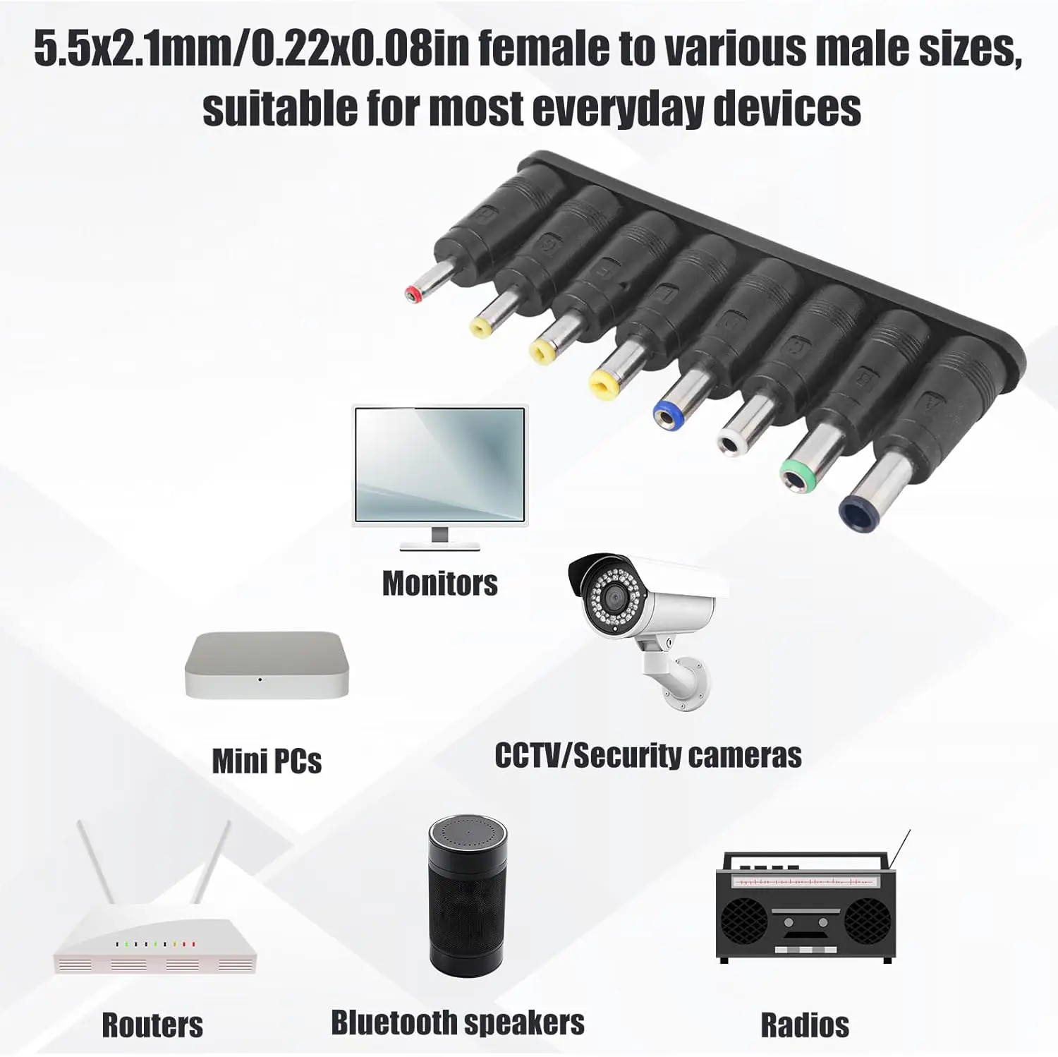 Conectores de adaptador de CC, adaptador de corriente de enchufe Jack de barril de CC, punta de adaptador hembra a macho de 5,5x2,1mm para Monitor, enrutador de cámara web y portátil - imagen 2