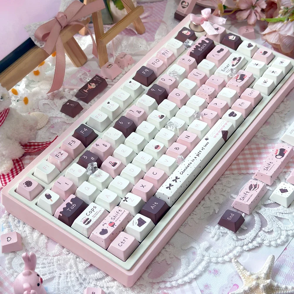 Teclas de Chocolate y fresa, perfil de cereza PBT, sublimación de calor de cinco lados, teclas de teclado mecánico, tapa de tecla rosa dulce, 145 teclas - imagen 2