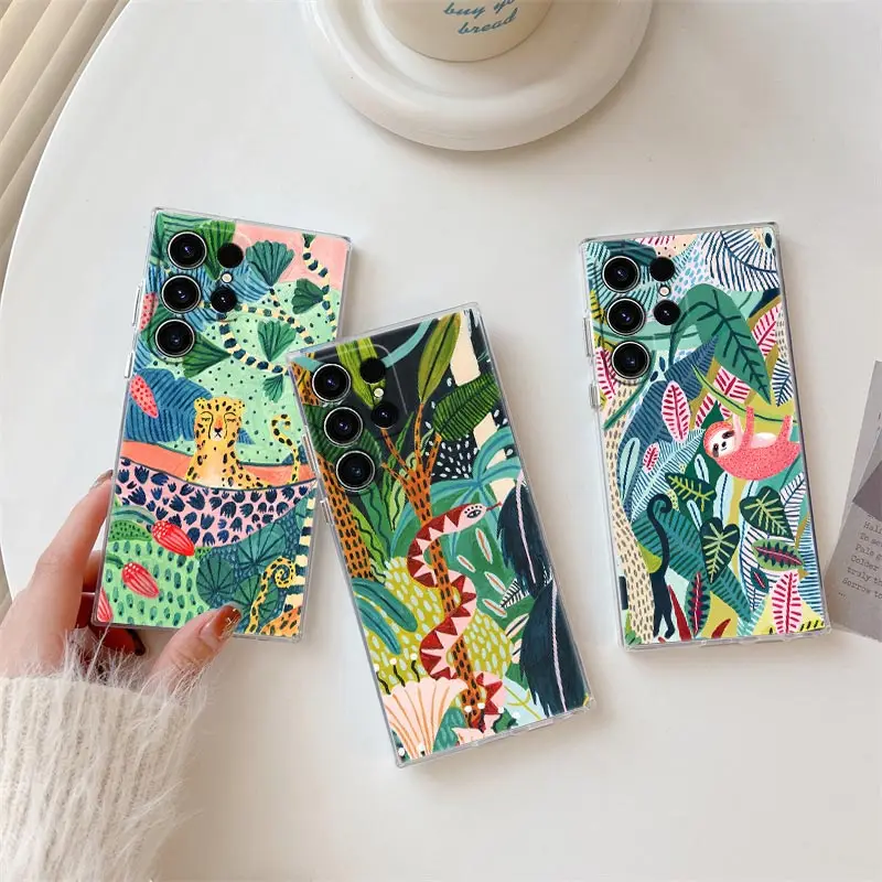 Funda de teléfono con estampado de jungla Tropical, leopardo, perezoso, selva tropical, gato, para Samsung Galaxy S24 S23 Ultra S22 S20 Plus S21 FE, Fundas transparentes