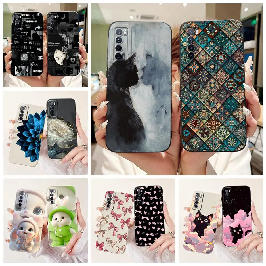 Para Huawei Nova 7 Pro 5G funda JER-AN10 lindo gato patrón de rejilla cubierta suave TPU Fundas de teléfono para Huawei Nova 7 SE Nova7 Pro 5G Fundas
