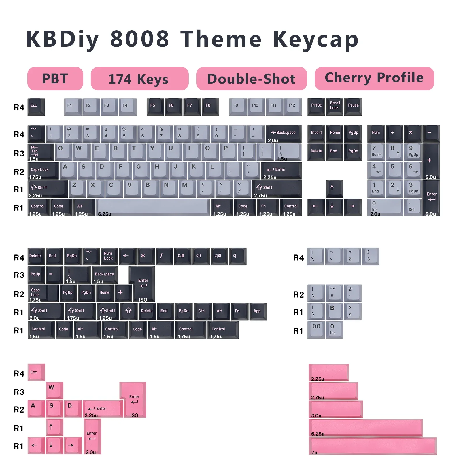 KBDiy-teclas PBT 8008 de 174 teclas, perfil de cereza, doble disparo, teclas ISO personalizadas para teclado mecánico Gaming7U para aula F87 F108 - imagen 3