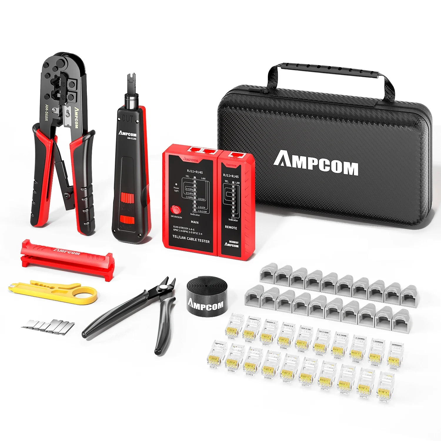 AMPCOM Kit de herramientas de prensado Ethernet para conector CAT6/CAT5e RJ45 con pelador de cables/herramienta de perforación/probador de cables TEL/LAN