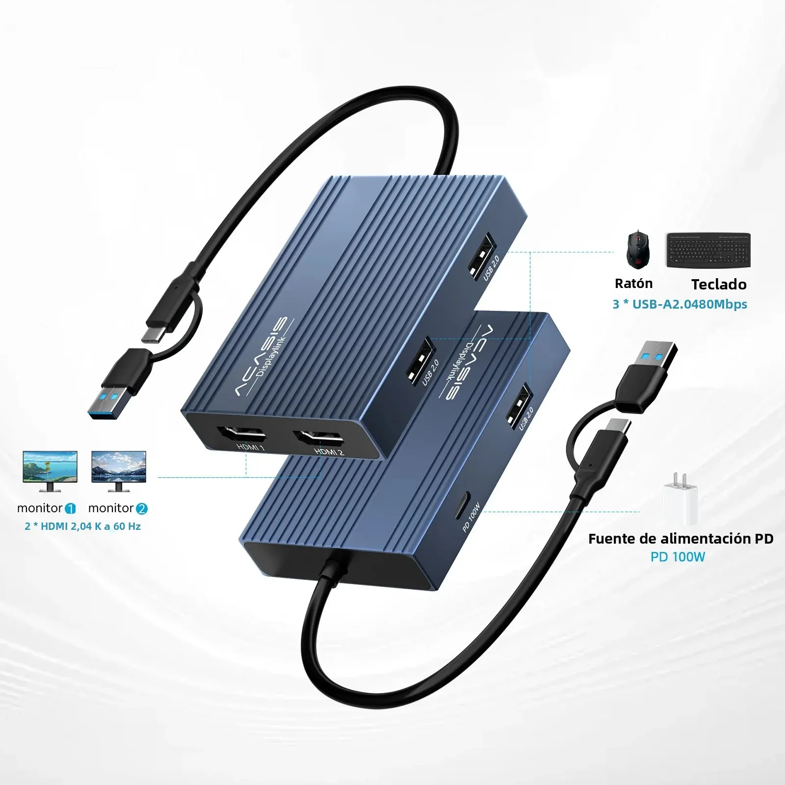 Acasis Displaylink Hub 6 en 1 estación de acoplamiento USB-C doble 4K/60HZ PD 100W entrada 90W salida para Macbook M1/M2/M3 - imagen 2