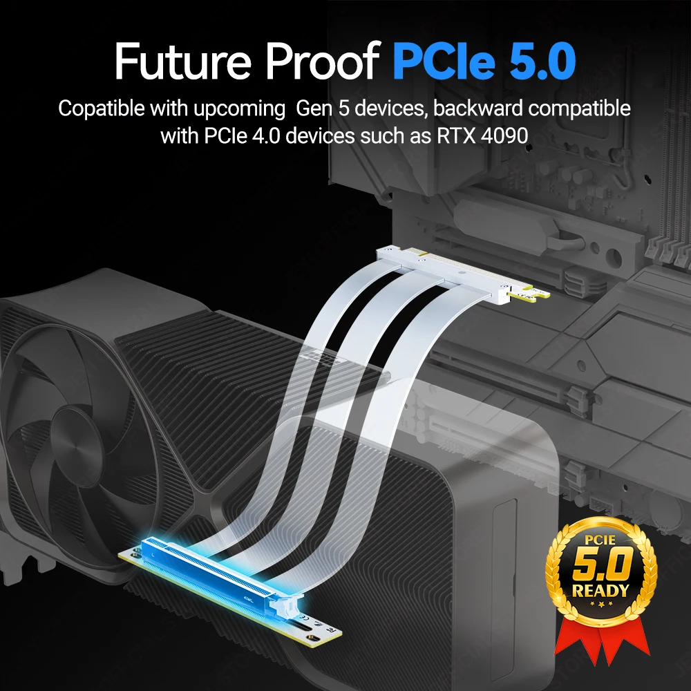 JEYI PCIe 5,0 X16 Cable elevador-Cable de extensión GPU Gen 5 para PCIe 5,0/4,0, WRX80/TRX40, RTX 4090/5090 y RX 7900 XTX 90 °   Ángulo - imagen 4