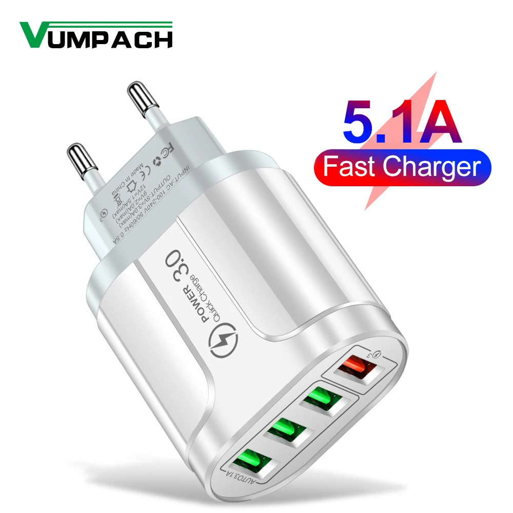 Vumpach-cargador rápido USB de 4 puertos, carga rápida 3,0, 48W, carga rápida para teléfono móvil de pared, adaptador de viaje para iPhone, Samsung y Xiaomi