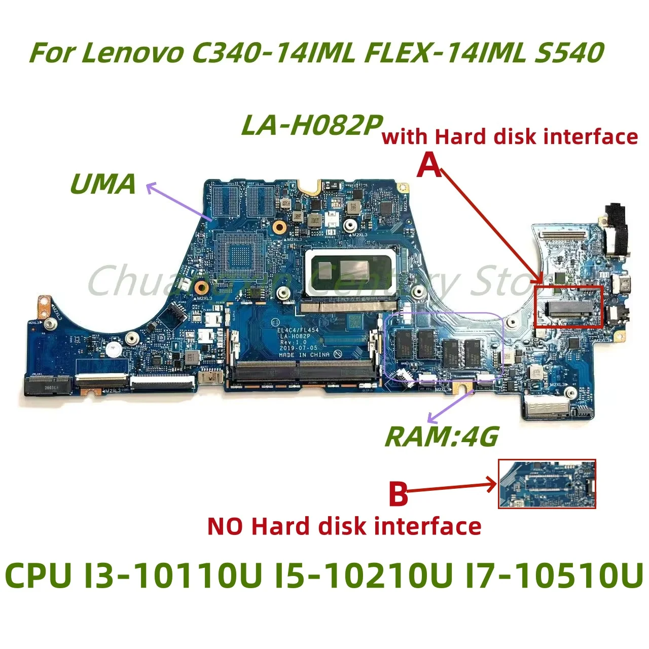 Adecuado para Lenovo C340-14IML S540-14IML placa base de computadora portátil LA-H082P CPU: I3-10110U I5-10210U I7-10510U UMA RAM: 4GB 100% prueba