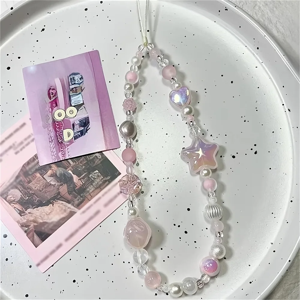 Cordón coreano dulce y bonito con cuentas de corazón y estrella rosa para teléfono, cordón con abalorio para iPhone, Samsung, joyería Universal antipérdida para colgar - imagen 3