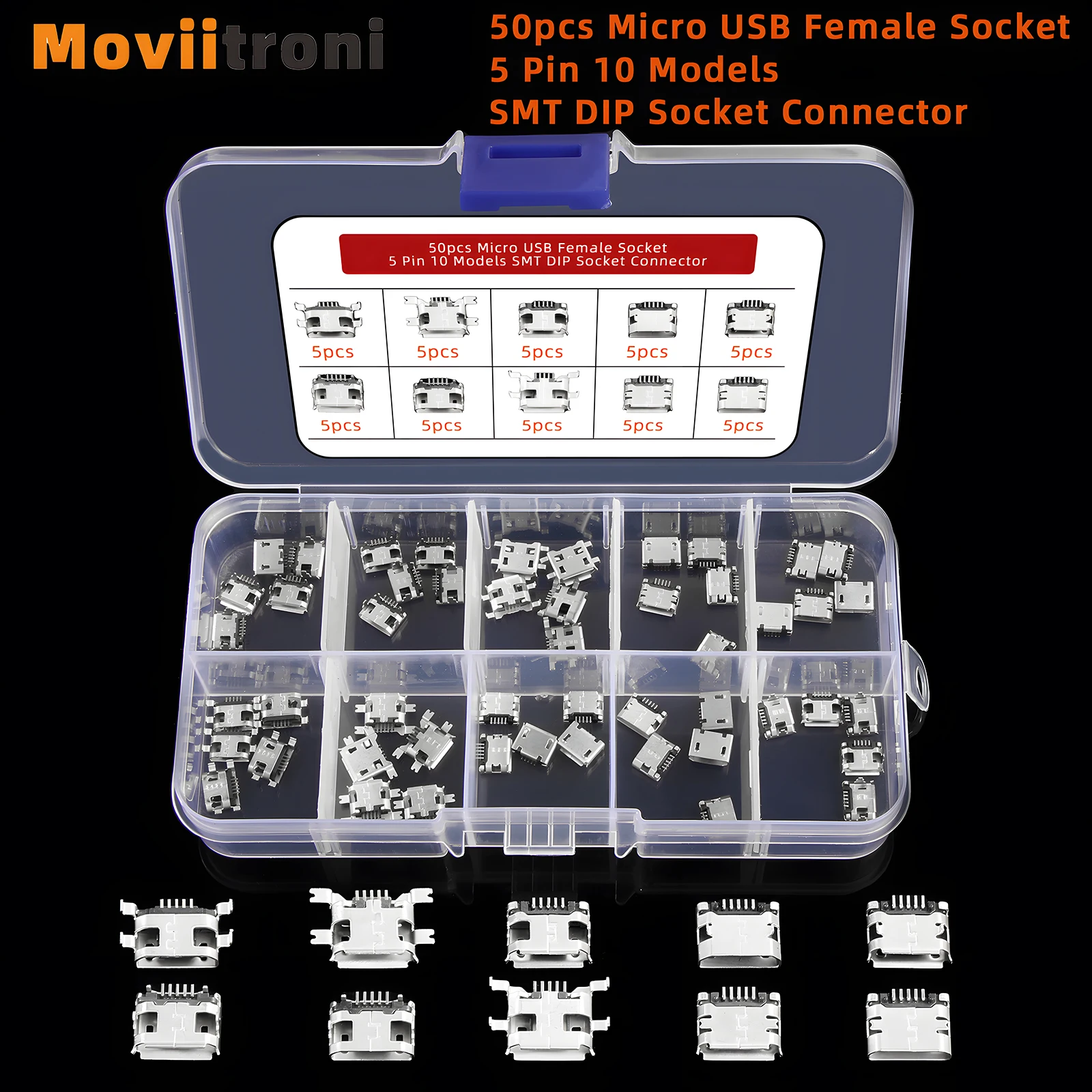 50/60 Uds conector de enchufe SMT de 5 pines Micro USB tipo B colocación hembra 12 modelos conector de enchufe SMD DIP para carga PCB DIY