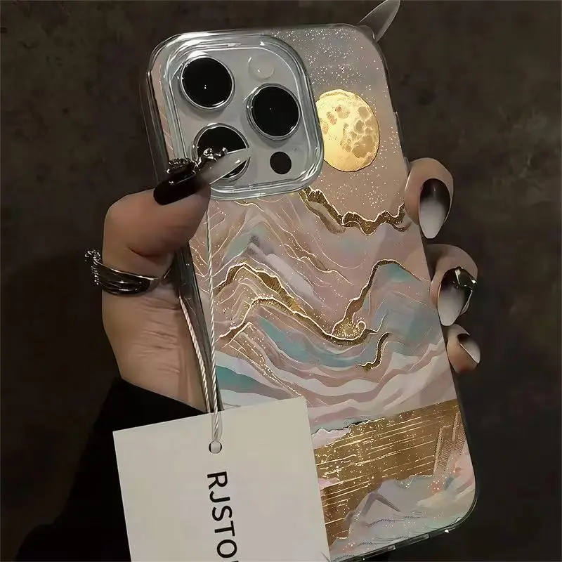 Funda de teléfono dorada y azul Snow Mountain para iPhone 16 15 14 13 12 11 Pro Max X Xs XR XSMax 8 6 6s Plus cubierta trasera con textura de plumas - imagen 3