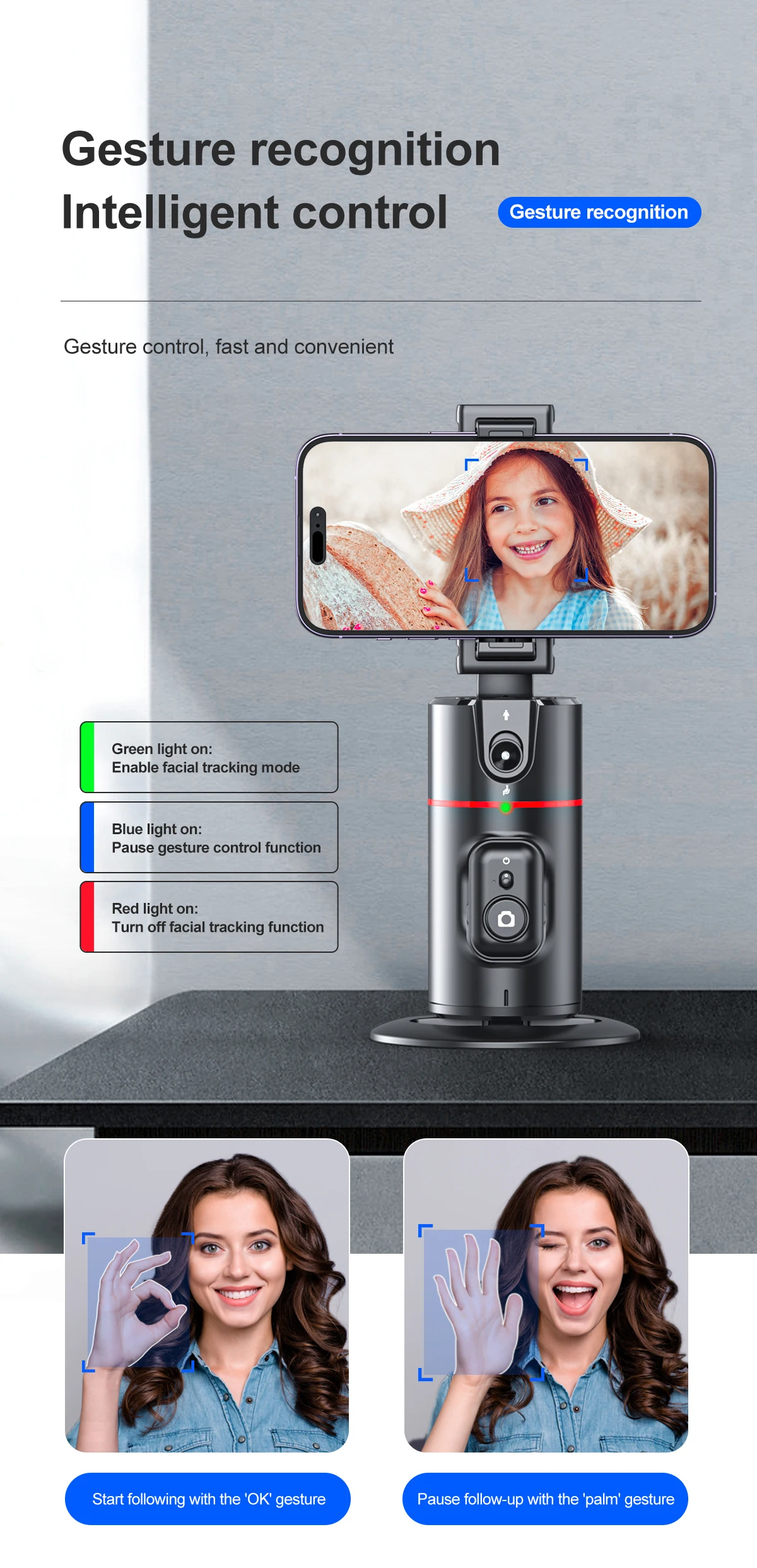 Estabilizador de cardán para teléfono inteligente, seguimiento facial automático en vivo, soporte para selfies de escritorio, rotación de 360 grados, control remoto de obturador, lente ajustable con gestos inteligent - imagen 5