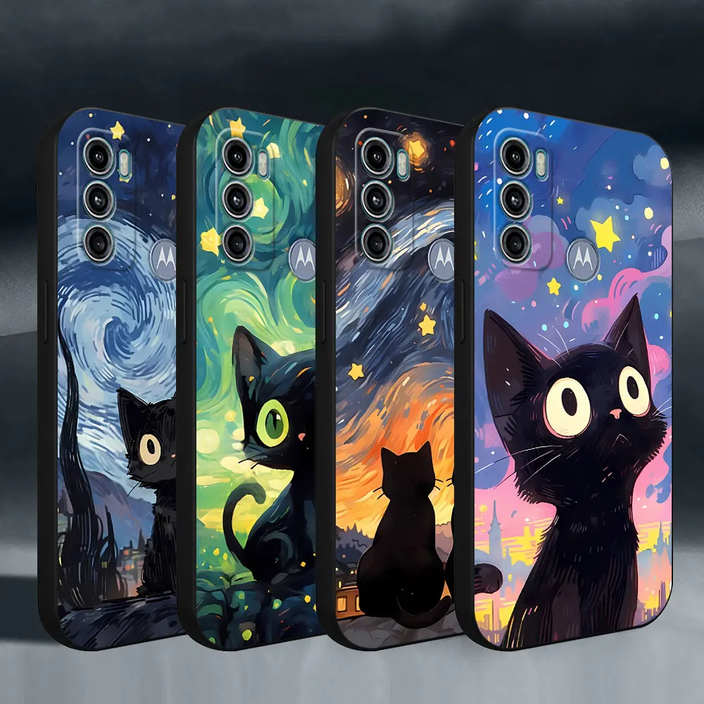 Funda de teléfono suave negra para Motorola Moto G50, G31, G71, G72, G51, G32, G30, G73, G60s, G22, G60, G52, G53, cubierta de parachoques, cielo estrellado, gato - imagen 2