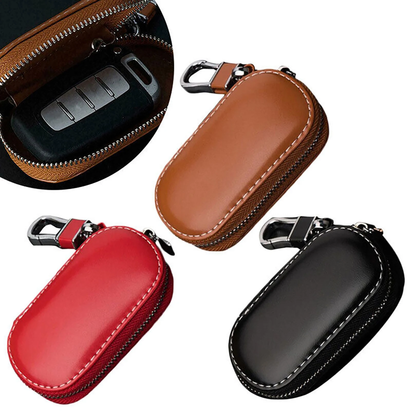 Llavero remoto de cuero negro/rojo/marrón para coche, cadena con cremallera, soporte para billetera, funda, organizador de billeteras para llaves de coche