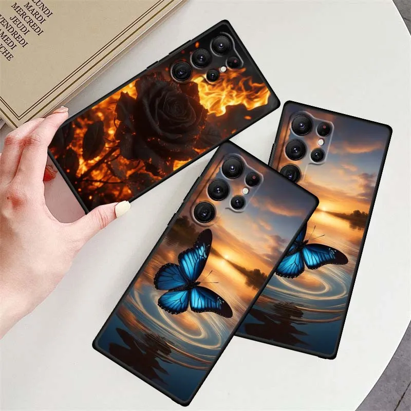 Arte mariposa Rosa flor para Samsung Galaxy S25 S24 S23 S22 S21 S20 S10 Ultra Plus FE 5G negro suave TPU funda de teléfono - imagen 3